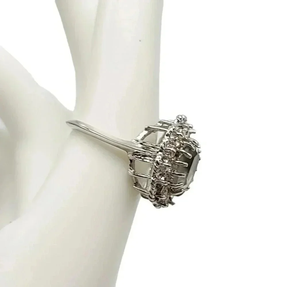 Lind Gray Grey Clear Glass Rhinestone Openwork Flower Silver Plated Ring Size 7